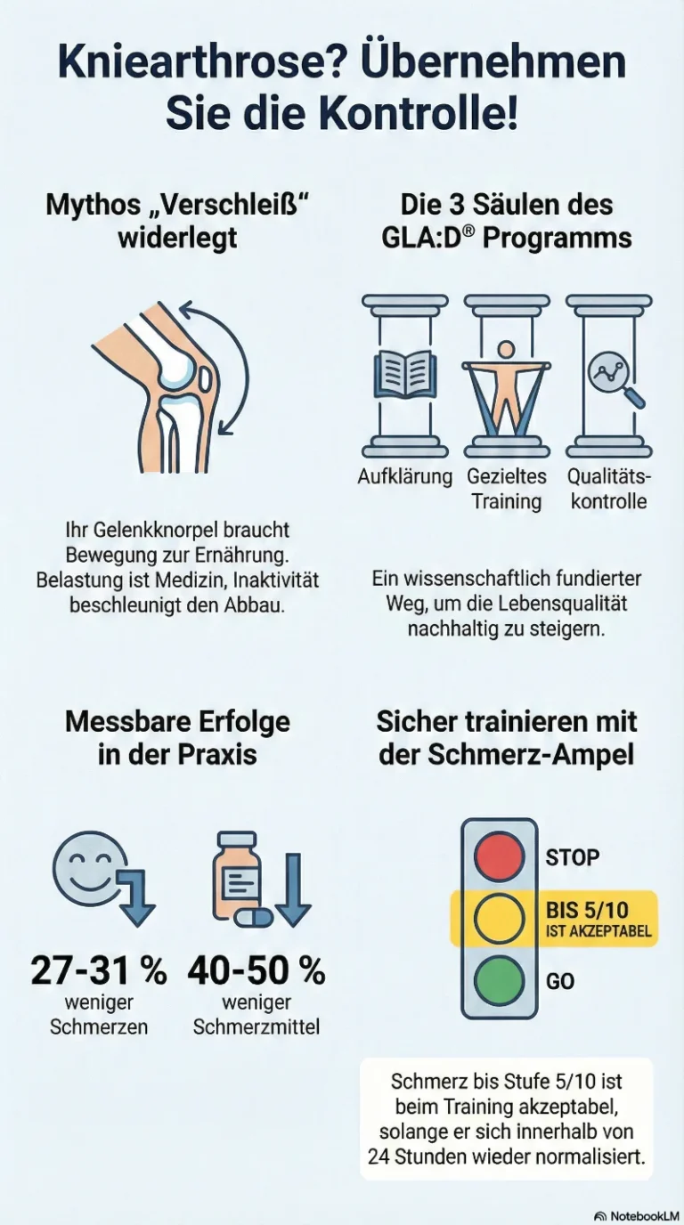 Zusammenfassende Infografik zur Kniearthrose. Sie zeigt die Widerlegung des Verschleiß-Mythos, die 3 Säulen des GLA:D-Programms (Aufklärung, Training, Qualität), messbare Erfolge (-31% Schmerz) und die Schmerz-Ampel für sicheres Training.