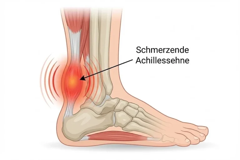 Medizinische Illustration des menschlichen Fußes und Unterschenkels, die eine schmerzende Achillessehne (Achillodynie) zeigt. Ein rot leuchtender, pulsierender Bereich in der Mitte der Sehne oberhalb des Fersenbeins visualisiert den Schmerzherd bei einer Tendinopathie, begleitet vom Text 'Schmerzende Achillessehne'.