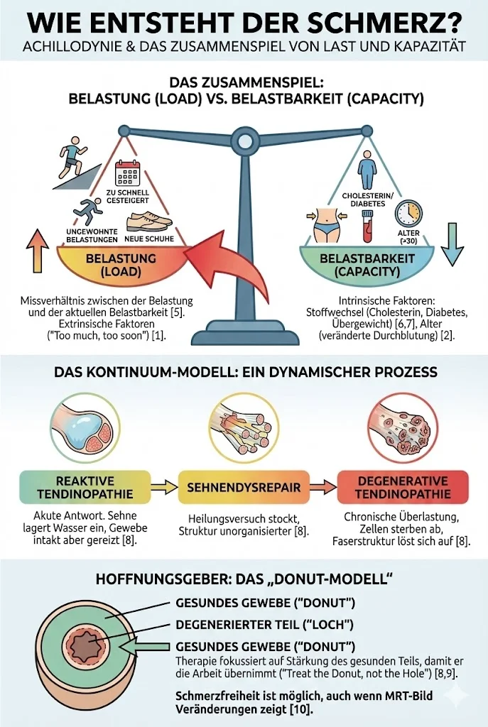 nfografik mit dem Titel 'Wie entsteht der Schmerz? Achillodynie & das Zusammenspiel von Last und Kapazität'. Der obere Teil visualisiert mit einer Waage das Missverhältnis zwischen hoher 'Belastung (Load)' durch extrinsische Faktoren (z.B. zu schnelles Training, neue Schuhe) und begrenzter 'Belastbarkeit (Capacity)' durch intrinsische Faktoren (z.B. Stoffwechsel, Alter). Der mittlere Abschnitt stellt das 'Kontinuum-Modell' als dynamischen Prozess der Sehnenpathologie in drei Stadien dar: Reaktive Tendinopathie, Sehnendysrepair und Degenerative Tendinopathie, jeweils mit Illustrationen der Sehnenstruktur. Der untere Teil erklärt das 'Donut-Modell' als Therapieansatz, bei dem das gesunde Gewebe ('Donut') um den degenerierten Teil ('Loch') herum gestärkt wird ('Treat the Donut, not the Hole'), um Schmerzfreiheit zu erreichen. Das Bild enthält Quellenverweise.