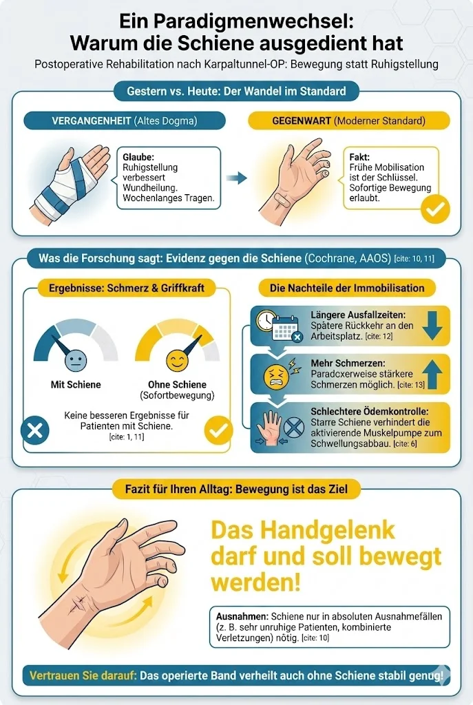 Infografik mit dem Titel "Ein Paradigmenwechsel: Warum die Schiene ausgedient hat", die den Wandel in der postoperativen Rehabilitation nach einer Karpaltunnel-OP von der Ruhigstellung zur frühen Mobilisation darstellt. Der obere Abschnitt "Gestern vs. Heute: Der Wandel im Standard" zeigt links eine Hand in einer Gipsschiene unter "VERGANGENHEIT (Altes Dogma)" mit dem Text "Glaube: Ruhigstellung verbessert Wundheilung. Wochenlanges Tragen". Ein Pfeil zeigt nach rechts zu einer Hand ohne Schiene unter "GEGENWART (Moderner Standard)" mit dem Text "Fakt: Frühe Mobilisation ist der Schlüssel. Sofortige Bewegung erlaubt". Der mittlere Abschnitt "Was die Forschung sagt: Evidenz gegen die Schiene (Cochrane, AAOS) " präsentiert Studienergebnisse. Links unter "Ergebnisse: Schmerz & Griffkraft" zeigen zwei Tachometer, dass Patienten mit Schiene keine besseren Ergebnisse haben als solche mit Sofortbewegung. Rechts sind "Die Nachteile der Immobilisation" aufgelistet: "Längere Ausfallzeiten" , "Mehr Schmerzen" und "Schlechtere Ödemkontrolle", jeweils mit Symbolen und Pfeilen, die negative Auswirkungen verdeutlichen. Der untere Abschnitt "Fazit für Ihren Alltag: Bewegung ist das Ziel" betont mit einer Abbildung einer beweglichen Hand den Text "Das Handgelenk darf und soll bewegt werden!". Ein Kasten erwähnt Ausnahmen für Schienen nur in seltenen Fällen. Die Schlussbotschaft lautet: "Vertrauen Sie darauf: Das operierte Band verheilt auch ohne Schiene stabil genug!". Die Grafik verwendet die Akzentfarben Blau (#1D7499) und Gelb (#FCC300).