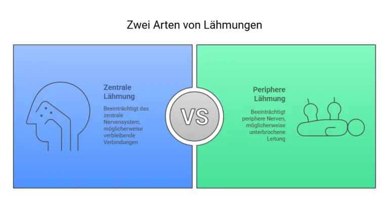 Infografik zu zentraler und peripherer Lähmung – Vergleich der Auswirkungen auf das zentrale und periphere Nervensystem bei Lähmungen.